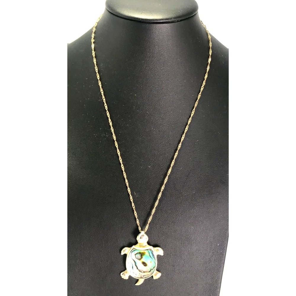 Abalone and Silver Tone Metal Turtle Tortoise Pendant Necklace - Picture 1 of 4